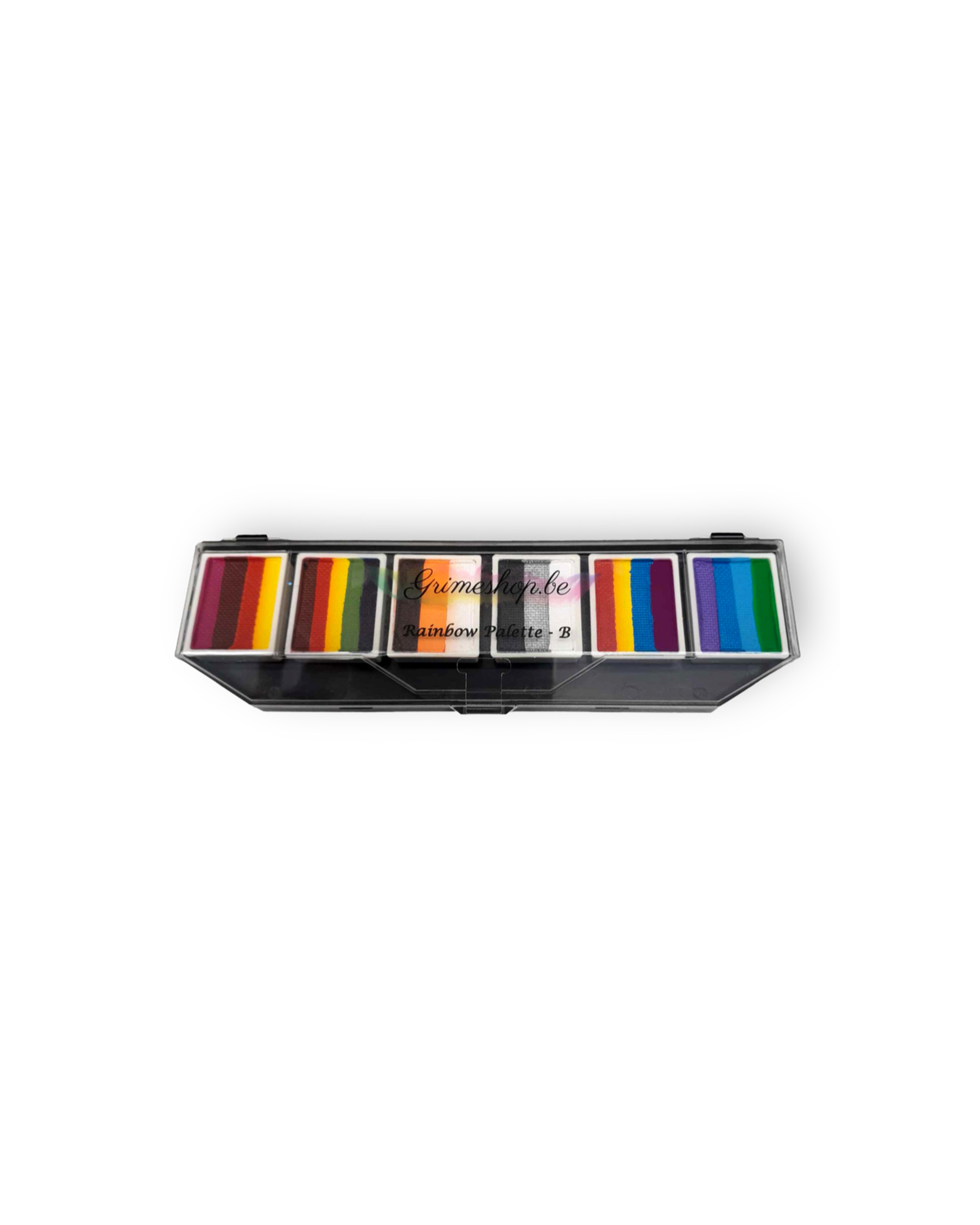 Splitstroke splitcake onestroke AQ Schmink regenboog palet Grimeshop MiKimFX BV uit Wielsbeke Ateljee G Kindergrime Glittertattoos Workshop Webshop uit Dendermonde