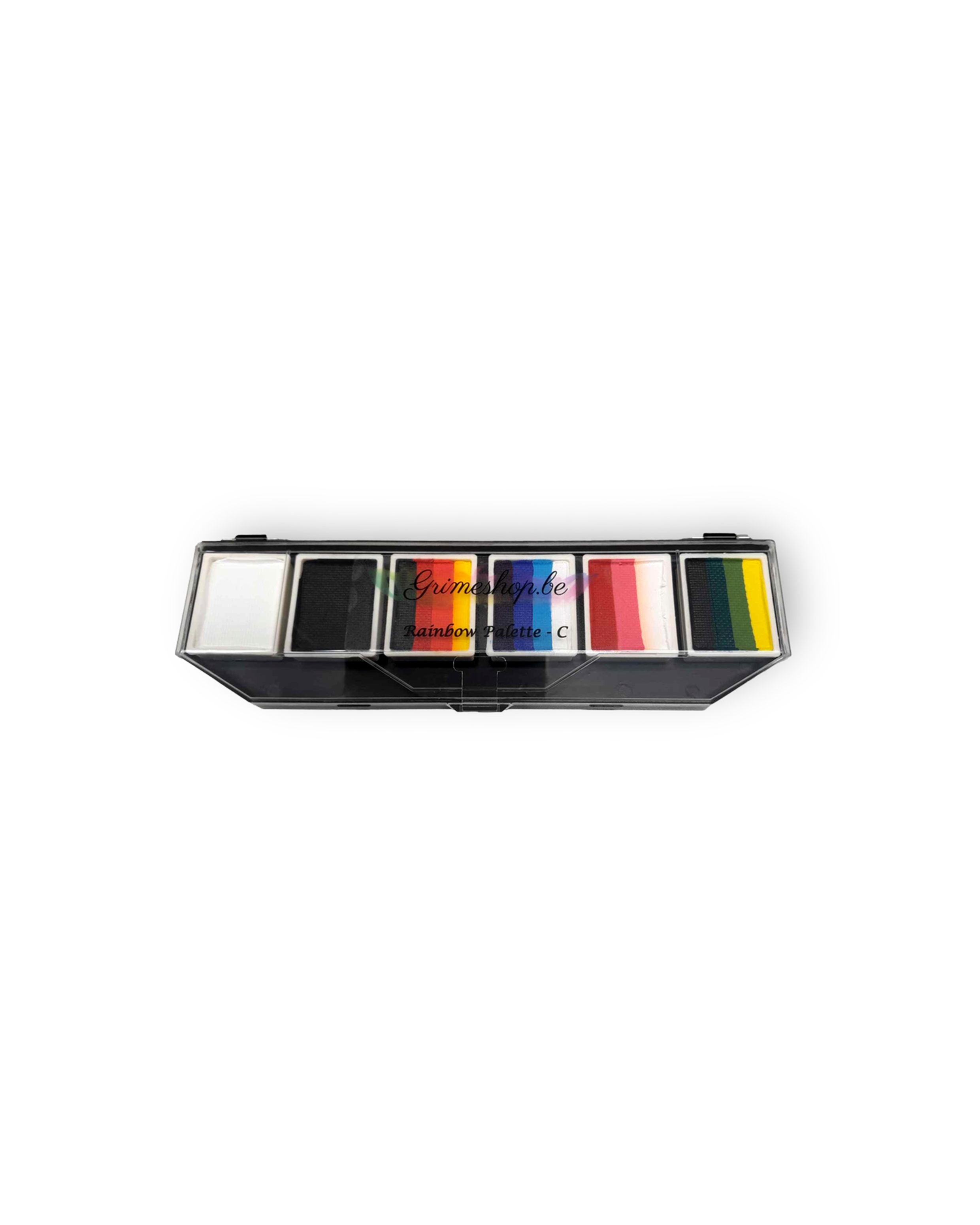 Splitstroke splitcake onestroke AQ Schmink regenboog palet Grimeshop MiKimFX BV uit Wielsbeke Ateljee G Kindergrime Glittertattoos Workshop Webshop uit Dendermonde