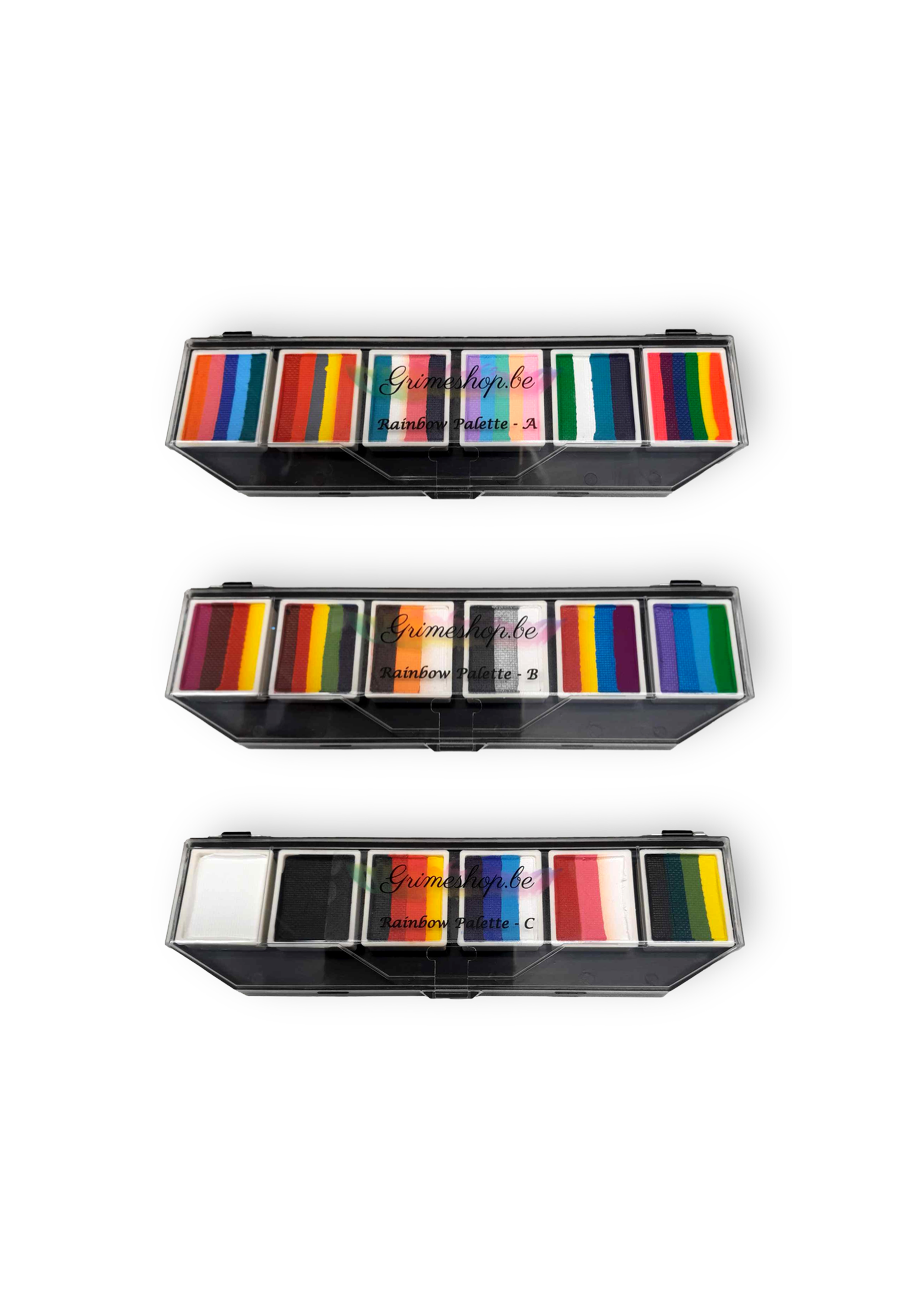 voordeelset Grimeshop splitstroke splitcake onestroke palet bij Ateljee G Kindergrime Glittertattoos Workshop Webshop van Dendermonde