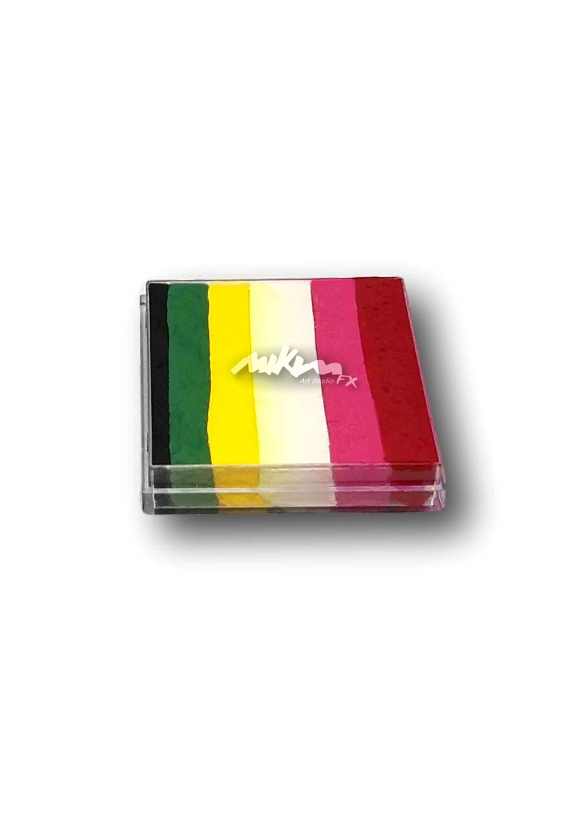 Splitstroke splitcake onestroke AQ Schmink regenboog MiKimFX BV uit Wielsbeke Ateljee G Kindergrime Glittertattoos Workshop Webshop uit Dendermonde